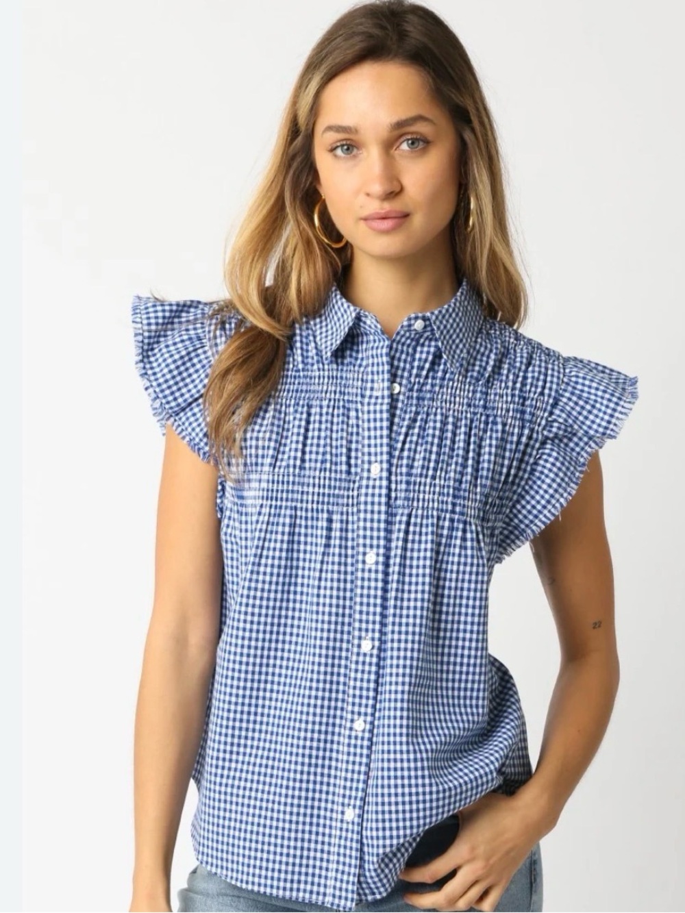 Olivaceous Blue Gingham Short-Sleeve Button Front Blouse